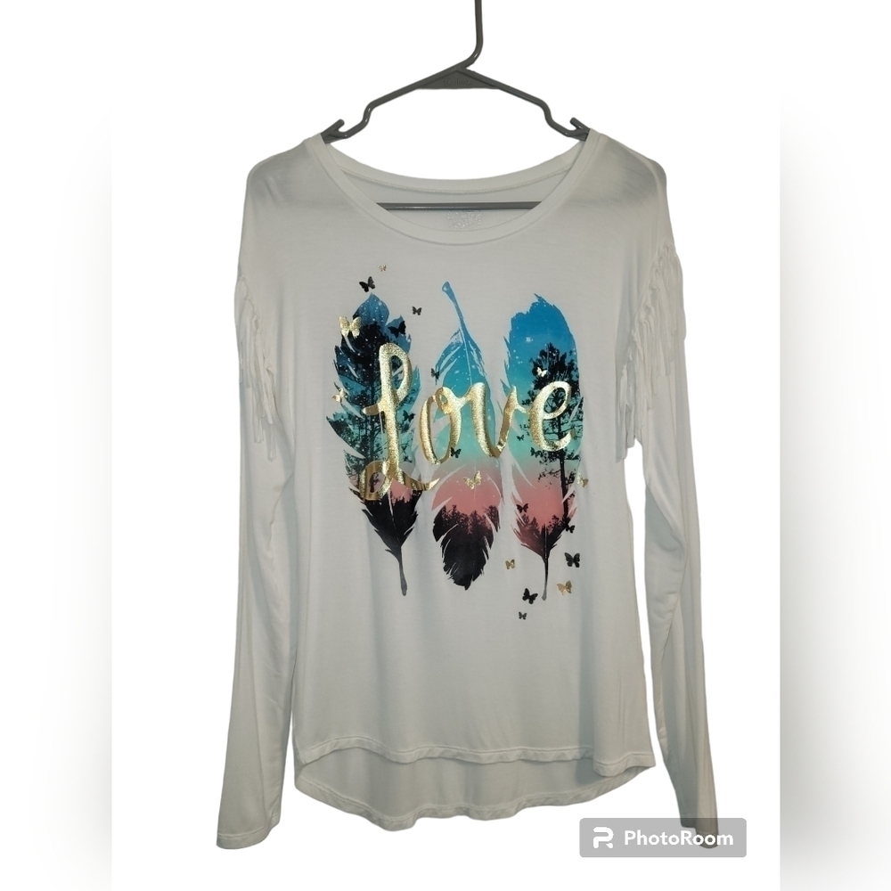 JUSTICE Girl's White Long-Sleeve Feathers and Gold Shimmer "Love" Graphic  Tee